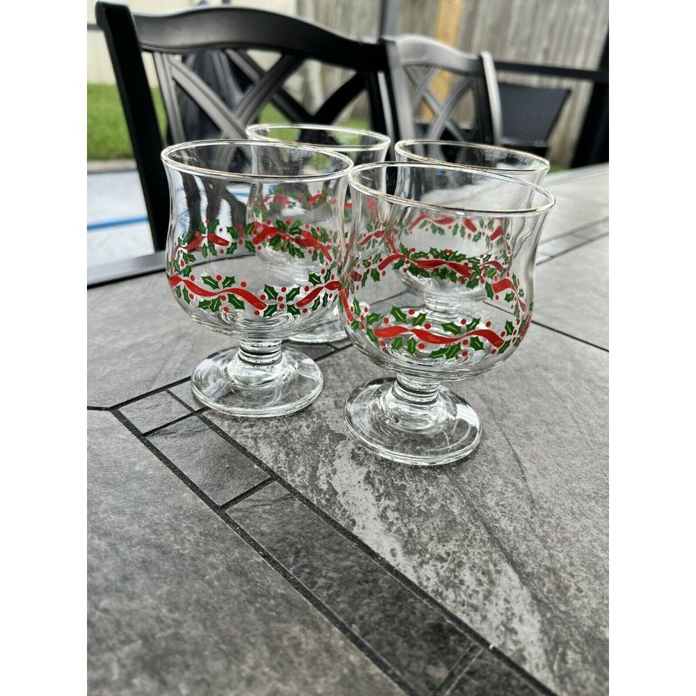 4 Libbey Crystal HOLLY BERRY Footed Cocktail Gold Rim Juice Glass Christmas